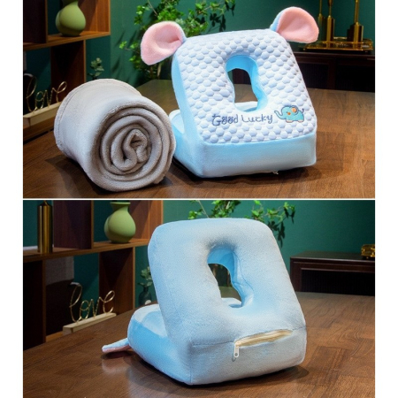 Set 2in1 Patura Microfibra si Perna din Spuma, , pentru Birou, Calatorii, Pauze, Model Elefant, Microfibra, 1x1.7 m, 30x35x30 cm, Albastru [3]