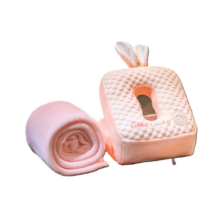 Perne Voiaj, Paturi si Textile - Set 2in1 Patura Microfibra si Perna din Spuma, , pentru Birou, Calatorii, Pauze, Model Iepuras, Microfibra, 1x1.7 m, 30x35x30 cm, Roz