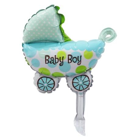 Set 3 Baloane din Folie Metalizata, , Figurine Carucior, Inima, Fundita, Tema Botez, 45 cm, Ambalaj Individual, Pai Inclus, Umflare cu Aer sau Heliu, Albastru [1]