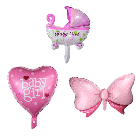 Tematica Fata/Baiat - Set 3 Baloane din Folie Metalizata, , Figurine Carucior, Inima, Fundita, Tema Botez, 45 cm, Ambalaj Individual, Pai Inclus, Umflare cu Aer sau Heliu, Roz