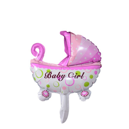 Set 3 Baloane din Folie Metalizata, , Figurine Carucior, Inima, Fundita, Tema Botez, 45 cm, Ambalaj Individual, Pai Inclus, Umflare cu Aer sau Heliu, Roz [1]