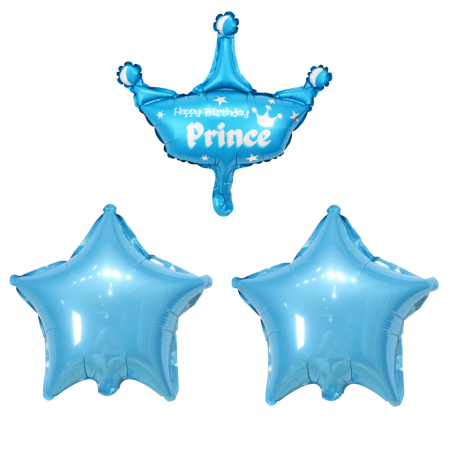Tematica Fata/Baiat - Set 3 Baloane din Folie Metalizata, , Figurine Coroana si Stea, Model Aniversare, 40 cm, Ambalaj Individual, Pai Inclus, Umflare cu Aer sau Heliu, Albastru