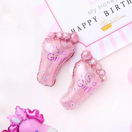 Set 3 Baloane din Folie Metalizata, , Figurine Picior 46x79 cm, Inima 45 cm, Stea 45cm, Model It's a Girl, Tema Gender Reveal, Ambalaj Individual, Pai Inclus, Umflare cu Aer sau Heliu, Roz [9]
