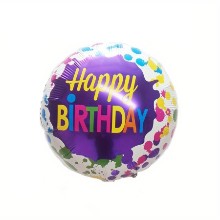 Set 3 Baloane din Folie Metalizata, , Mini Figurina Rotunda, Model Happy Birthday, 45 cm, Ambalaj Individual, Pai inclus, Umflare cu Aer sau cu Heliu, Multicolor [1]