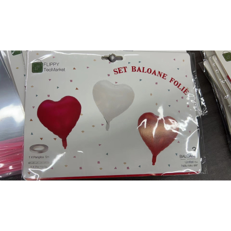 Set 3 Baloane din Folie Metalizata, , Model Inimi, Tema Ziua Indragostitilor, 45 cm, 2 Rosii, 1 Alb, Ambalaj Individual, Pai Inclus, Umflare cu Aer sau Heliu, Alb/Rosu [4]
