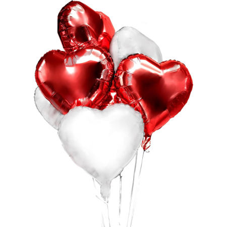 Set 3 Baloane din Folie Metalizata, , Model Inimi, Tema Ziua Indragostitilor, 45 cm, 2 Rosii, 1 Alb, Ambalaj Individual, Pai Inclus, Umflare cu Aer sau Heliu, Alb/Rosu [5]