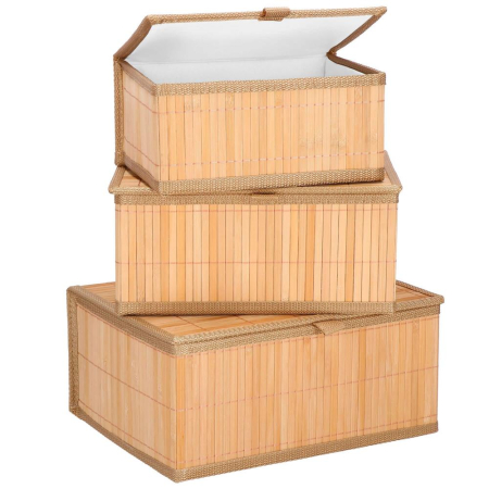 Disponibil livrare locker S - Set 3 cutii organizatoare din bambus, cu capac, diverse dimensiuni, maro