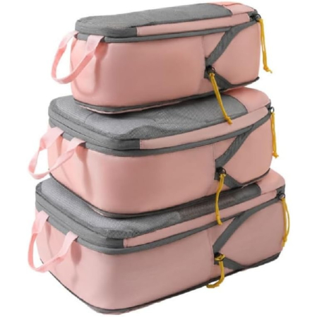 Set 3 Genti de Calatorie , Pentru Depozitare, Compresibile, 3 Dimensiuni, Mic, Mediu, Mare, Impermeabile, Fermoar Dublu, Roz [5]