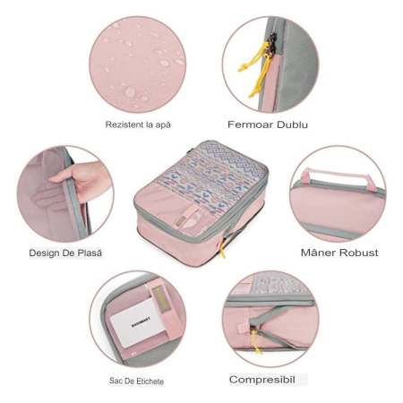 Set 3 Genti de Calatorie , Pentru Depozitare, Compresibile, 3 Dimensiuni, Mic, Mediu, Mare, Impermeabile, Fermoar Dublu, Roz [10]