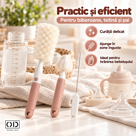 Set 3 perii roz pentru spalat biberoane, tetine si paie, cu burete moale, ORIGINAL DEALS [5]