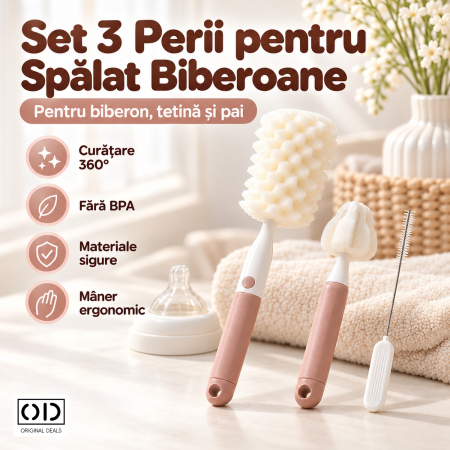 Jucarii, Copii & Bebe - Set 3 perii roz pentru spalat biberoane, tetine si paie, cu burete moale, ORIGINAL DEALS
