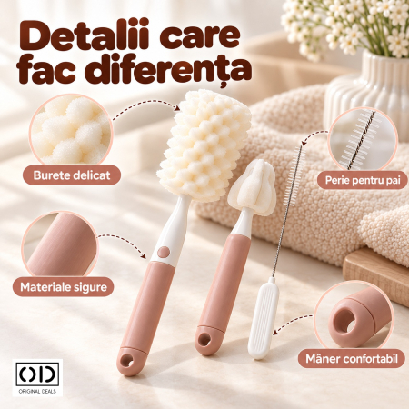 Set 3 perii roz pentru spalat biberoane, tetine si paie, cu burete moale, ORIGINAL DEALS [3]