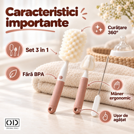 Set 3 perii roz pentru spalat biberoane, tetine si paie, cu burete moale, ORIGINAL DEALS [2]