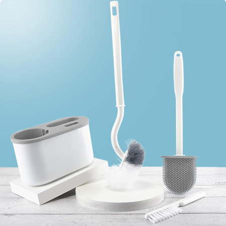 Set 3 Perii pentru Toaleta, , din Silicon, Perie Zimtata, Cap Flexibil, Suport Adeziv pentru Montarea pe Perete, 39 x 19 x 9.8 cm, Gri/Alb [7]