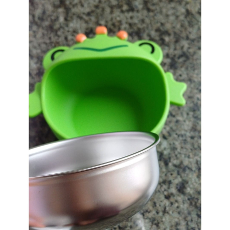 Set 3 Piese Diversificare Bebelusi si Copii, , Bol, Lingura si Furculita, Model Broscuta, din Silicon si Otel Inoxidabil, Verde [2]