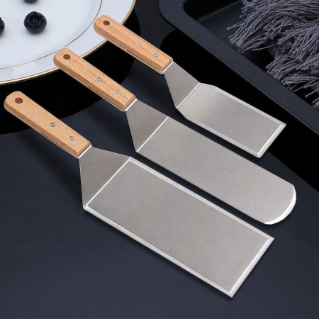 Set 3 spatule pentru gratar , din metal, margini subtiri, suprafata antiaderenta, rezistente la temperaturi ridicate, maner ergonomic din lemn, 3 forme, agatatoare, gri [4]
