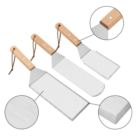 Set 3 spatule pentru gratar , din metal, margini subtiri, suprafata antiaderenta, rezistente la temperaturi ridicate, maner ergonomic din lemn, 3 forme, agatatoare, gri [5]