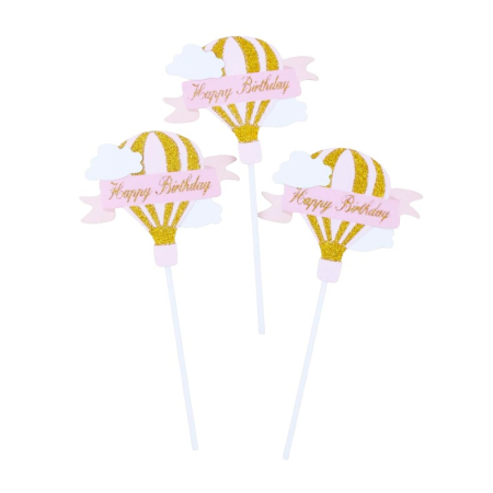 Lumanari si Toppere - Set 3 Toppere pentru Tort, , Model Balon cu Aer Cald Happy Birthday, Tematica Aniversare, Roz