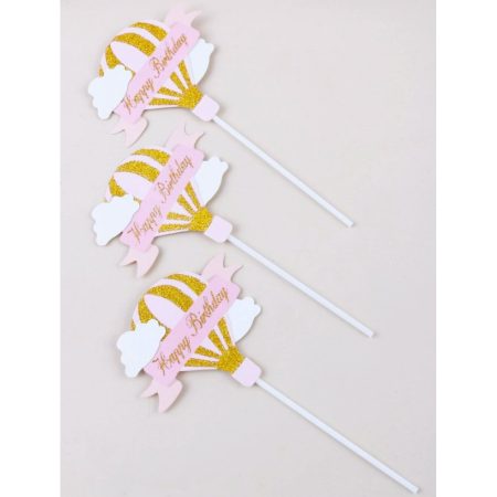 Set 3 Toppere pentru Tort, , Model Balon cu Aer Cald Happy Birthday, Tematica Aniversare, Roz [6]
