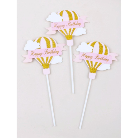 Set 3 Toppere pentru Tort, , Model Balon cu Aer Cald Happy Birthday, Tematica Aniversare, Roz [7]
