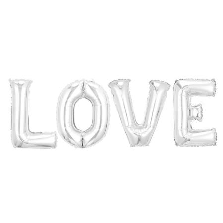 Set 4 Baloane din Folie Metalizata, , Figurine Litere, Model Scris Love, Tema Iubire, 80 cm, Ambalaj Individual, Pai Inclus, Umflare cu Aer sau Heliu, Argintiu [1]