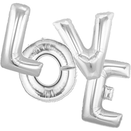 Set 4 Baloane din Folie Metalizata, , Figurine Litere, Model Scris Love, Tema Iubire, 80 cm, Ambalaj Individual, Pai Inclus, Umflare cu Aer sau Heliu, Argintiu [5]