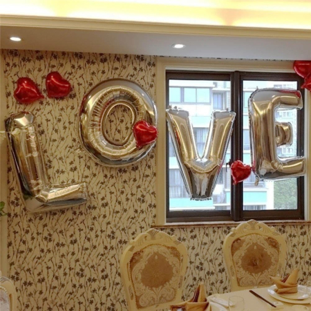 Set 4 Baloane din Folie Metalizata, , Figurine Litere, Model Scris Love, Tema Iubire, 80 cm, Ambalaj Individual, Pai Inclus, Umflare cu Aer sau Heliu, Argintiu [3]