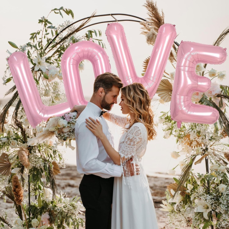 Set 4 Baloane din Folie Metalizata, , Figurine Litere, Model Scris Love, Tema Iubire, 80 cm, Ambalaj Individual, Pai Inclus, Umflare cu Aer sau Heliu, Roz [4]