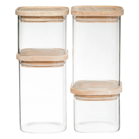 Casă - Set 4 borcane depozitare ermetice 5Five, sticla borosilicata si capac lemn, transparent