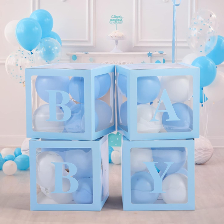 Set 4 Cutii pentru Baloane, , Model Scris Baby, Tematica Iubire, Cuburi Decorative din Plastic, Accesorii pentru Petrecere, 30 x30 cm, Transparente Contur Albastru [3]