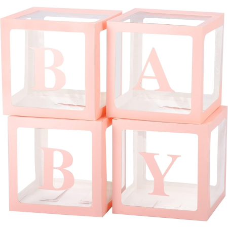 Accesorii Baloane - Set 4 Cutii pentru Baloane, , Model Scris Baby, Tematica Iubire, Cuburi Decorative din Plastic, Accesorii pentru Petrecere, 30 x30 cm, Transparente Contur Roz