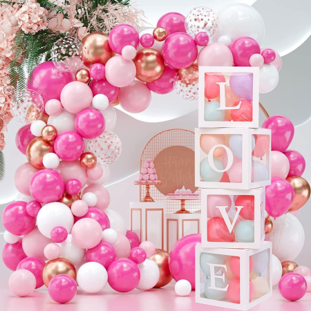 Set 4 Cutii pentru Baloane, , Model Scris Love, Tematica Iubire, Cuburi Decorative din Plastic, Accesorii pentru Petrecere, 30 x30 cm, Transparente Contur Alb [5]