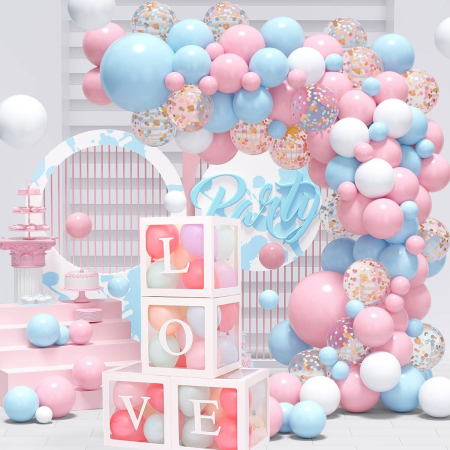 Set 4 Cutii pentru Baloane, , Model Scris Love, Tematica Iubire, Cuburi Decorative din Plastic, Accesorii pentru Petrecere, 30 x30 cm, Transparente Contur Alb [2]