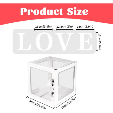 Set 4 Cutii pentru Baloane, , Model Scris Love, Tematica Iubire, Cuburi Decorative din Plastic, Accesorii pentru Petrecere, 30 x30 cm, Transparente Contur Alb [9]