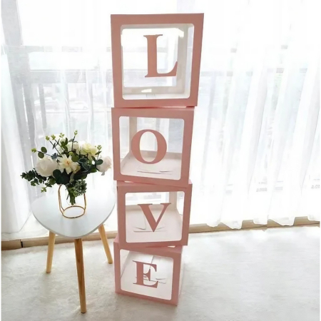 Set 4 Cutii pentru Baloane, , Model Scris Love, Tematica Iubire, Cuburi Decorative din Plastic, Accesorii pentru Petrecere, 30 x30 cm, Transparente Contur Roz [2]