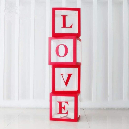 Set 4 Cutii pentru Baloane, , Model Scris Love, Tematica Iubire, Cuburi Decorative din Plastic, Accesorii pentru Petrecere, 30x30 cm, Transparente Contur Rosu [1]