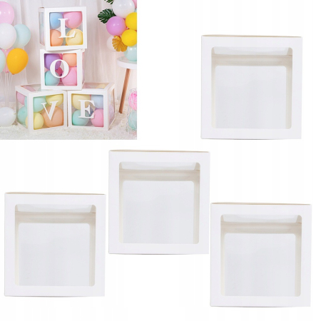 Set 4 Cutii pentru Baloane, , Model Simplu, Tematica Aniversare, Cuburi Decorative din Plastic, Accesorii pentru Petrecere, 30 x30 cm, Transparente Contur Alb [1]