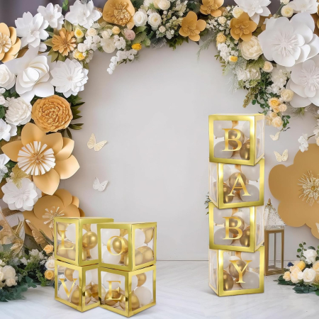 Set 4 Cutii pentru Baloane, , Model Simplu, Tematica Aniversare, Cuburi Decorative din Plastic, Accesorii pentru Petrecere, 30 x30 cm, Transparente Contur Auriu [8]