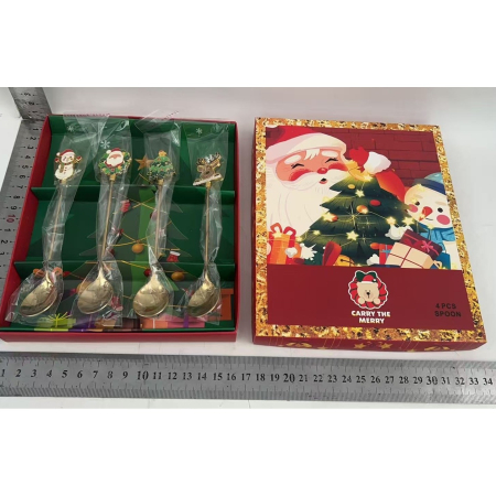 Set 4 Lingurite, , Tema Craciun, Model Carry The Merry, 4 Modele, din Otel Inoxidabil, 19.5 x 16 x 2 cm, Multicolor [13]