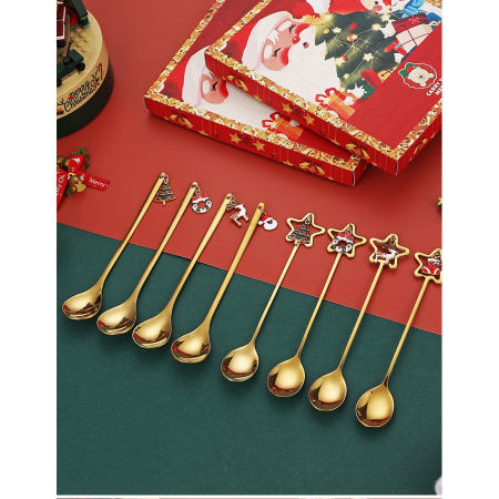 Set 4 Lingurite, , Tema Craciun, Model Carry The Merry, 4 Modele Tip Pandantiv, din Otel Inoxidabil, 19 x 16 x 2 cm, Multicolor [4]