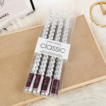 Lumanari - Set 4 Lumanari pentru Masa, Cina, Decor, , Model Rasucit, Lungime 25 cm, Argintiu