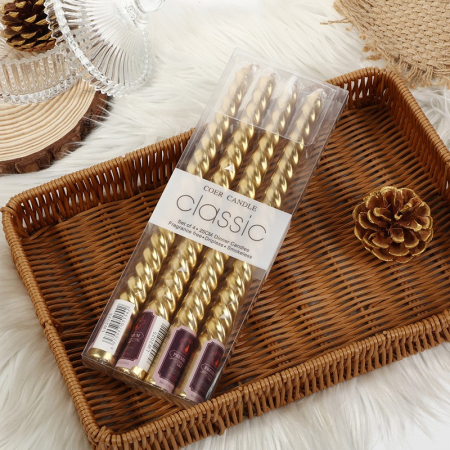 Lumanari - Set 4 Lumanari pentru Masa, Cina, Decor, , Model Rasucit, Lungime 25 cm, Auriu