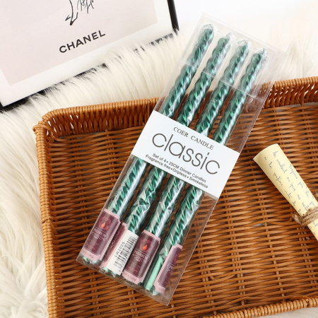 Lumanari - Set 4 Lumanari pentru Masa, Cina, Decor, , Model Rasucit, Lungime 25 cm, Verde