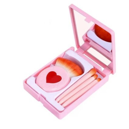 ✨TOATE PRODUSELE✨ - Set 4 Mini Pensule de Machiaj, , Portabile, in Carcasa cu Oglinda, din Par Sintetic Moale, Roz, Model cu Inima, 12x7x2.5 cm