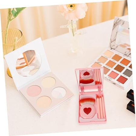 Set 4 Mini Pensule de Machiaj, , Portabile, in Carcasa cu Oglinda, din Par Sintetic Moale, Roz, Model cu Inima, 12x7x2.5 cm [3]