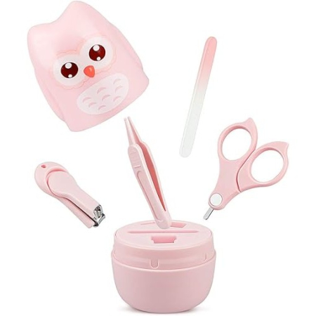 Ingrijire Unghii - Set 4 Piese Ingrijire Unghii Bebelusi, , din ABS+Otel Inoxidabil, Cutie de Depozitare Tip Bufnita, de la 0 Luni, 11.5 x 5 x 11.5 cm, Roz