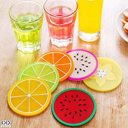 Set 4 Suporti din Silicon pentru Pahare, Cani sau Cesti, in Forma de Lamaie, Kiwi, Fructul Dragonului si Pepene, 9cm [0]