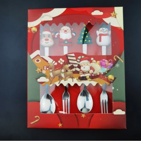 Set 4 Tacamuri, , cu Figurine de Craciun, din Otel Inoxidabil, 2 Furculite, 2 Linguri, Cutie Festiva, 13.5 cm, Rosu [5]