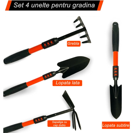 Set 4 Unelte de Gradina , Maner extensibil, pentru Plantare Prelucrare Sol si Ingrijire Plante, Material otel carbon, negru [2]