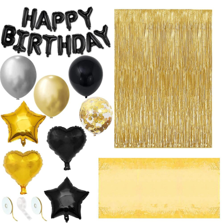 Set 46 baloane si decoratiuni, Happy Birthday, incluse fata de masa si perdea negru auriu [2]